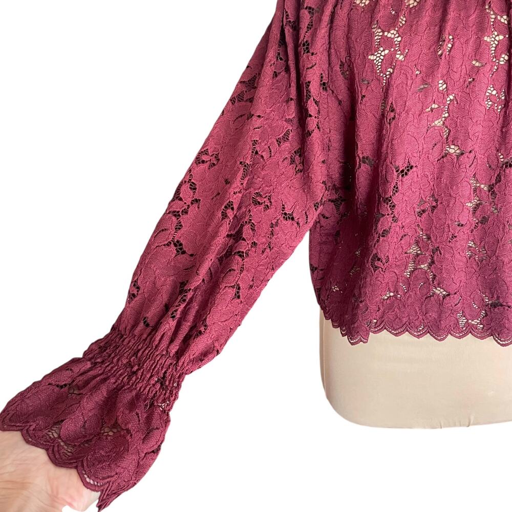 Free People Olivia Wine Lace Blouse SMALL Sheer Long Sleeves Boho Romantic - Picture 8 of 12